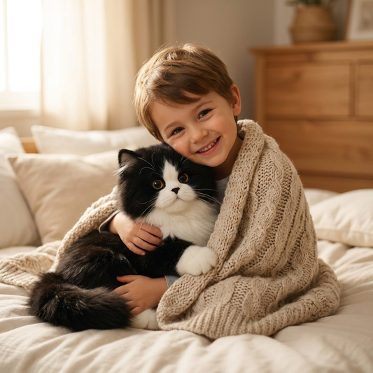 Lifelike Black and White Plush Cat